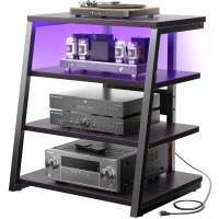Armocity 4-Tier Av Media Stand With Power Strips, Corner Tv Stand With Led Lights, Rack Audio Tower With Adjustable Shelves, Corner Entertainment Center, 30'', Black Ebony