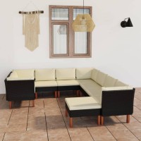 Vidaxl Patio Lounge Set, 9 Pieces With Cushions In Cream White, Stylish Black Poly Rattan And Eucalyptus Wooden Legs, Assembly Required