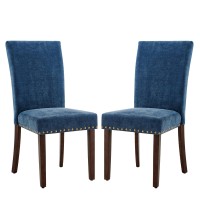 Colamy Upholstered Parsons Dining Chairs Set Of 2, Fabric Dining Room Kitchen Side Chair With Nailhead Trim And Wood Legs - Dark Blue