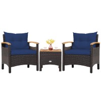Tangkula 3-Piece Patio Furniture Set, Patiojoy Outdoor Rattan Sofa Set With Coffee Table, Patio Conversation Set With Removable Cushion, Cozy Acacia Wood Armrests For Backyard, Poolside (Navy)
