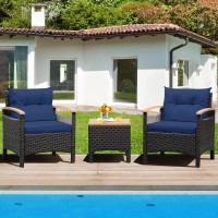 Tangkula 3-Piece Patio Furniture Set, Patiojoy Outdoor Rattan Sofa Set With Coffee Table, Patio Conversation Set With Removable Cushion, Cozy Acacia Wood Armrests For Backyard, Poolside (Navy)