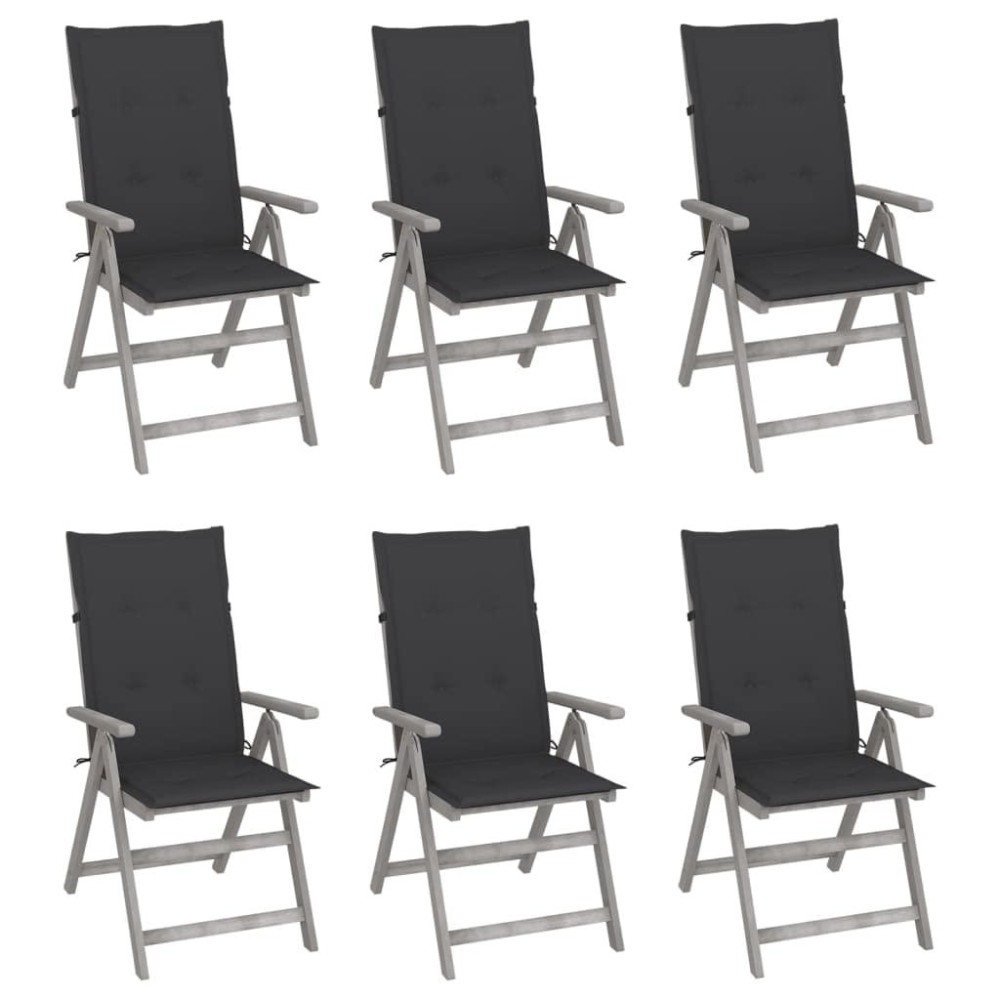 Vidaxl Patio Reclining Chairs Set Of 6 With Cushions - Solid Acacia Wood Outdoor Furniture, Gray Anthracite, Comfortable Seating, Adjustable Backrest