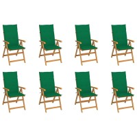 Vidaxl Outdoor Teak Wooden Patio Chairs With Green Cushions - Set Of 8 - Foldable And Reclining - Weather Resistant And Durable - Ideal For Garden, Balcony Or Patio