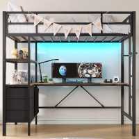 Dictac Twin Metal Loft Bed With Lshaped Desk Led Lights Charging Station Led Loft Bed Frame Twin Size With 3 Storage Shelves A