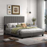 Giantex Queen Size Platform Bed Frame, Box Spring Needed, Modern Upholstered Mattress Foundation With Linen Fabric Headboard, Solid Wood Legs, No Slatted Bed Frame For Adjustable Bed Base, Gray