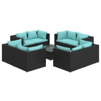 Vidaxl 9-Piece Poly Rattan Patio Lounge Set - Modular Design With Comfortable Fabric Cushions, Sturdy Steel Frame, Black And Blue
