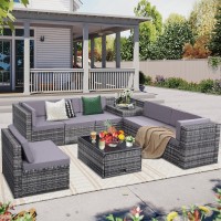 Krofem 8 Pieces Outdoor Wicker Rattan Patio Furniture Sectional Set, Glass Top Table With Hidden Storage, 7 Sofa Sections, Oversized Cushions, Grey Color Rattan With Light Grey Cushion