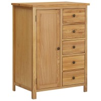 Vidaxl Solid Oak Wood Wardrobe With Natural Finish And Oak Veneer, Rustic Farmhouse Style, Featuring One Door, Five Drawers, Brown