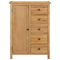 Vidaxl Solid Oak Wood Wardrobe With Natural Finish And Oak Veneer, Rustic Farmhouse Style, Featuring One Door, Five Drawers, Brown