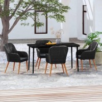 Vidaxl 5-Piece Patio Dining Set - Black Poly Rattan And Powder-Coated Steel Outdoor Furniture With Dark Gray Cushions, Solid Acacia Wood Accents And Glass Tabletop