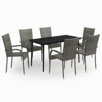 Vidaxl Virtuous 7 Piece Gray And Black Outdoor Patio Dining Set With Pe Rattan Chairs And Glass Tabletop - Ideal For Garden, Deck Or Patio