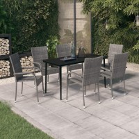 Vidaxl Virtuous 7 Piece Gray And Black Outdoor Patio Dining Set With Pe Rattan Chairs And Glass Tabletop - Ideal For Garden, Deck Or Patio