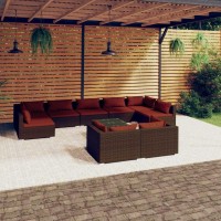 Vidaxl 10-Piece Outdoor Poly Rattan Lounge Set With Cushions - Weather-Resistant, Modular And Comfortable Patio Furniture - Brown/Cinnamon Red