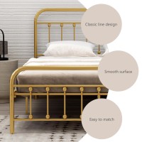 Alazyhome Classic Metal Platform Full Size Bed Frame Mattress Foundation With Victorian Style Iron-Art Headboard Under Bed Storage No Box Spring Needed Gold