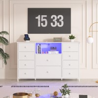 Ldttcuk Dresser With Charging Station And Led Lights Long Dresser For Bedroom Dresser Tv Stand With 10 Drawers Fabric Chest Of