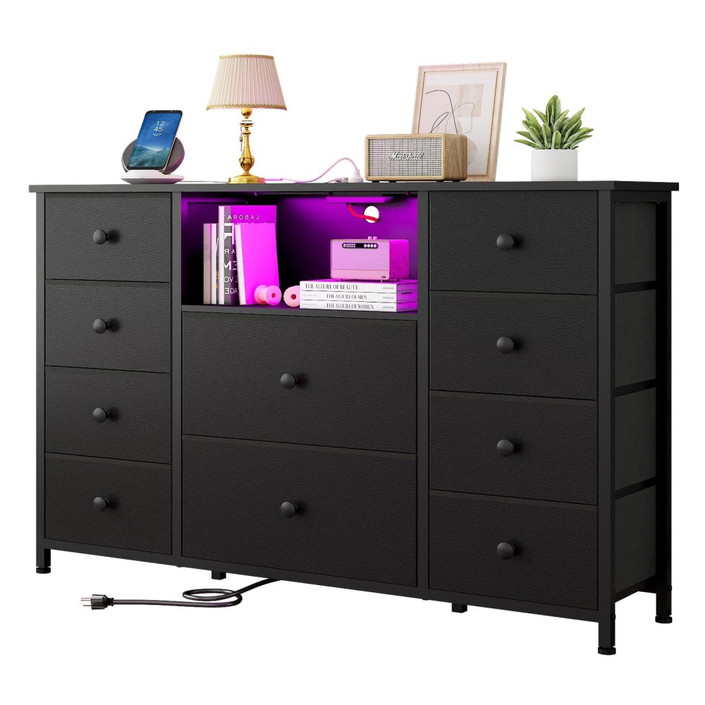 Ldttcuk Dresser With Charging Station And Led Lights Long Dresser For Bedroom Dresser Tv Stand With 10 Drawers Fabric Chest Of