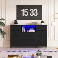 Ldttcuk Dresser With Charging Station And Led Lights Long Dresser For Bedroom Dresser Tv Stand With 10 Drawers Fabric Chest Of