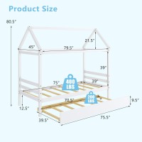 Gorelax Twin House Bed With Trundle, Wooden Bed Frame With Roof, Kids Twin Platform Bed Frame For Boys Girls Bedroom, No Box Spring Needed (White, Twin Size House Bed)