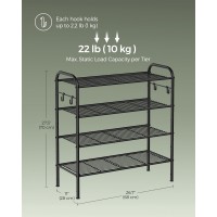 Songmics Shoe Rack 4Tier Shoe Organizer Metal Shoe Shelf Storage With 4 Side Hooks Holds 16 Pairs Of Shoes Heightadjustabl