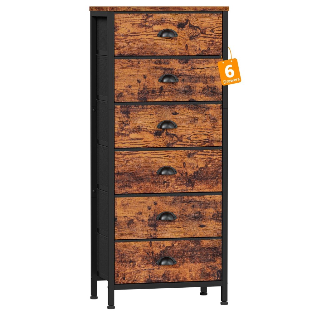 Furnulem Tall Dresser With 6 Drawers Vertical End Table And Nightstand For Bedroom Industrial Dorm Bedside Furniture With Fabric