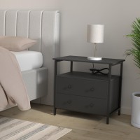 Edbuosy 27 Inch Wide Nightstand With Charging Station Bedside Table With Open Shelf 2 Drawers Small Wood Dresser End Side Tab