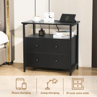 Edbuosy 27 Inch Wide Nightstand With Charging Station Bedside Table With Open Shelf 2 Drawers Small Wood Dresser End Side Tab