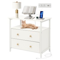 Edbuosy 27 Inch Wide Nightstand With Charging Station Bedside Table With Open Shelf 2 Drawers Small Wood Dresser End Side Tab