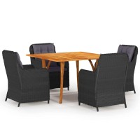 Vidaxl 5-Piece Patio Dining Set In Black - Solid Acacia Wood Table, Steel & Pe Rattan Chairs With Thick Cushions - Modern Outdoor Furniture For Garden, Balcony, Or Patio