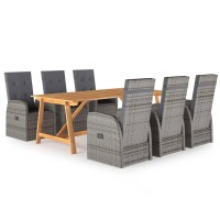 Vidaxl 7-Piece Patio Dining Set - Gray Pe Rattan Outdoor Furniture Set With Reclining Chairs, Thickly-Padded Cushions, Solid Acacia Wood Table