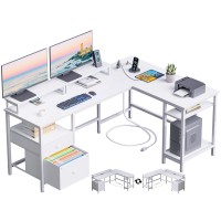 Furologee White 59 L Shaped Desk With Power Outlet Reversible Computer Desk With File Drawer 2 Monitor Stands Corner Home