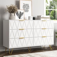 Vibe Dine White 6 Drawer Dresser For Bedroom Modern Double Dresser With Gold Handles And Legs Wood Chest Of Drawers With Wid