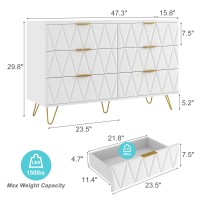 Vibe Dine White 6 Drawer Dresser For Bedroom Modern Double Dresser With Gold Handles And Legs Wood Chest Of Drawers With Wid