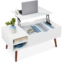 Best Choice Products Wooden Lift Top Coffee Table, Mid-Century Modern Multifunctional Accent Table For Living Room W/Hidden Storage, 2 Cubbies, Removable Shelf - White/Brown