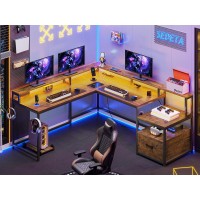 Sedeta L Shaped Desk 66 Home Office Desk With File Drawer Power Outlet Gaming Desk With Led Lights Corner Computer Desk W