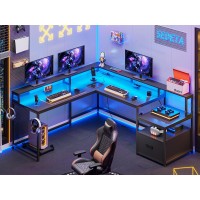 Sedeta L Shaped Gaming Desk 66 Home Office Desk With File Drawer Power Outlet Corner Gaming Computer Desk With Led Lights