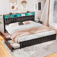 King Size Bed Frame With 4 Storage Drawers And Bookcase Headboard Led Upholstered Platform Bed King Size With Usbc Usb Charg