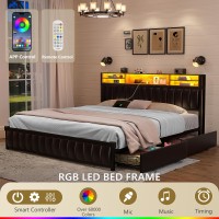 King Size Bed Frame With 4 Storage Drawers And Bookcase Headboard Led Upholstered Platform Bed King Size With Usbc Usb Charg