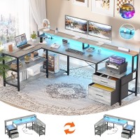 Aheaplus L Shaped Desk With File Drawer 728 Reversible L Shaped Computer Desk With Power Outlet Led Strip Gaming Desk Wit