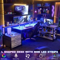 Aheaplus L Shaped Desk With File Drawer 728 Reversible L Shaped Computer Desk With Power Outlet Led Strip Gaming Desk Wit