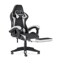 Bigzzia Gaming Chair With Footrest Office Desk Chair Ergonomic Gaming Chair Pu Leather Reclining High Back Adjustable Swivel Lumbar Support Racing Style E-Sports Video Gamer Chairs (Black/White)