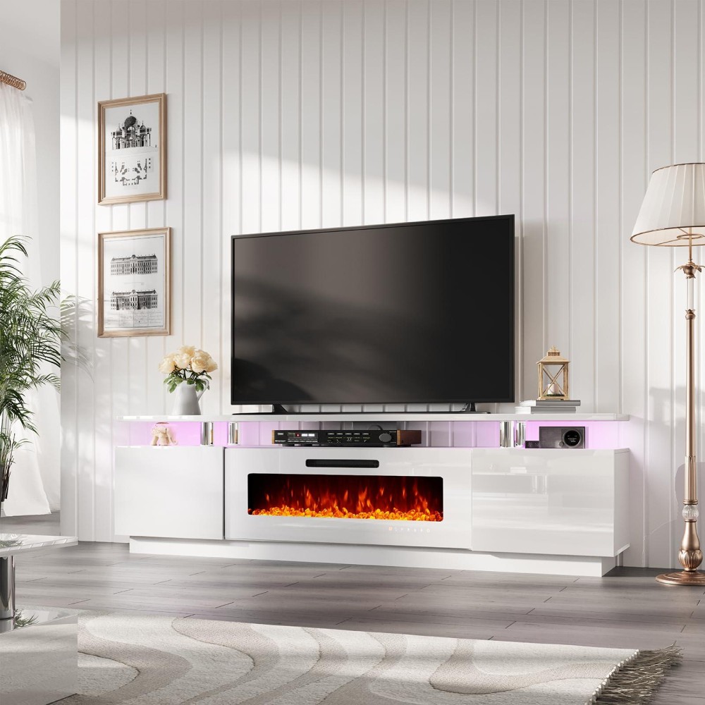 Amerlife Fireplace Tv Stand With 40 Fireplace 80 Modern High Gloss Fireplace Entertainment Center Led Lights 2 Tier Tv Con