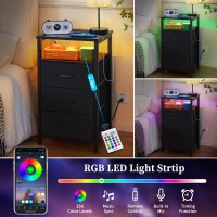 Yoobure Night Stand With Charging Station 16 Colors Led Nightstand With Usb Ports And Outlets End Table With 3 Fabric Drawers