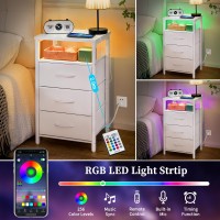 Yoobure Night Stand With Charging Station 16 Colors Led Nightstand With Usb Ports And Outlets End Table With 3 Fabric Drawers