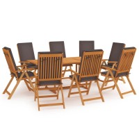 Vidaxl 9-Piece Patio Dining Set With Umbrella Hole - Gray Cushions, Adjustable & Foldable Chairs | Solid Teak Wood Construction | Scandinavian Style - Ideal For Indoor And Outdoor Use