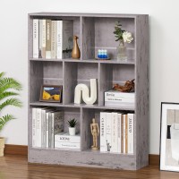 Leyaoyao 7 Cube Bookshelf With Base 3 Tier Midcentury Modern Grey Bookcase Standing Wide Bookshelves Storage Organizer Shelf Ru