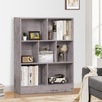 Leyaoyao 7 Cube Bookshelf With Base 3 Tier Midcentury Modern Grey Bookcase Standing Wide Bookshelves Storage Organizer Shelf Ru