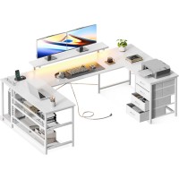 Odk U Shaped Desk With Power Outlets Led Strip Monitor Stand 66 Reversible L Shaped Desk With Drawers And Storage Shelf