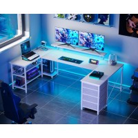 Odk U Shaped Desk With Power Outlets Led Strip Monitor Stand 66 Reversible L Shaped Desk With Drawers And Storage Shelf