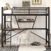 Full Size Loft Bed With Desk And A Storage Shelf, Heavy Duty Metal Loft Bed Full Size With Ladder And Guardrail, Full Loft Bed For Kids, Teens, Adults, Black Loft Bed Full Size