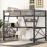 Full Size Loft Bed With Desk And A Storage Shelf, Heavy Duty Metal Loft Bed Full Size With Ladder And Guardrail, Full Loft Bed For Kids, Teens, Adults, Black Loft Bed Full Size